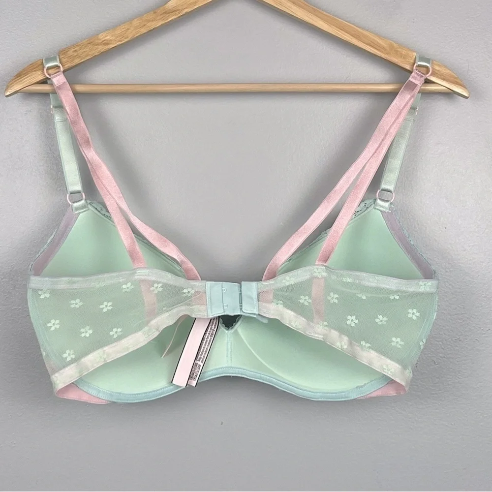 Victoria’s Secret green & pink floral mesh lace overlay padded no wire bra, 38D. - Picture 2 of 8